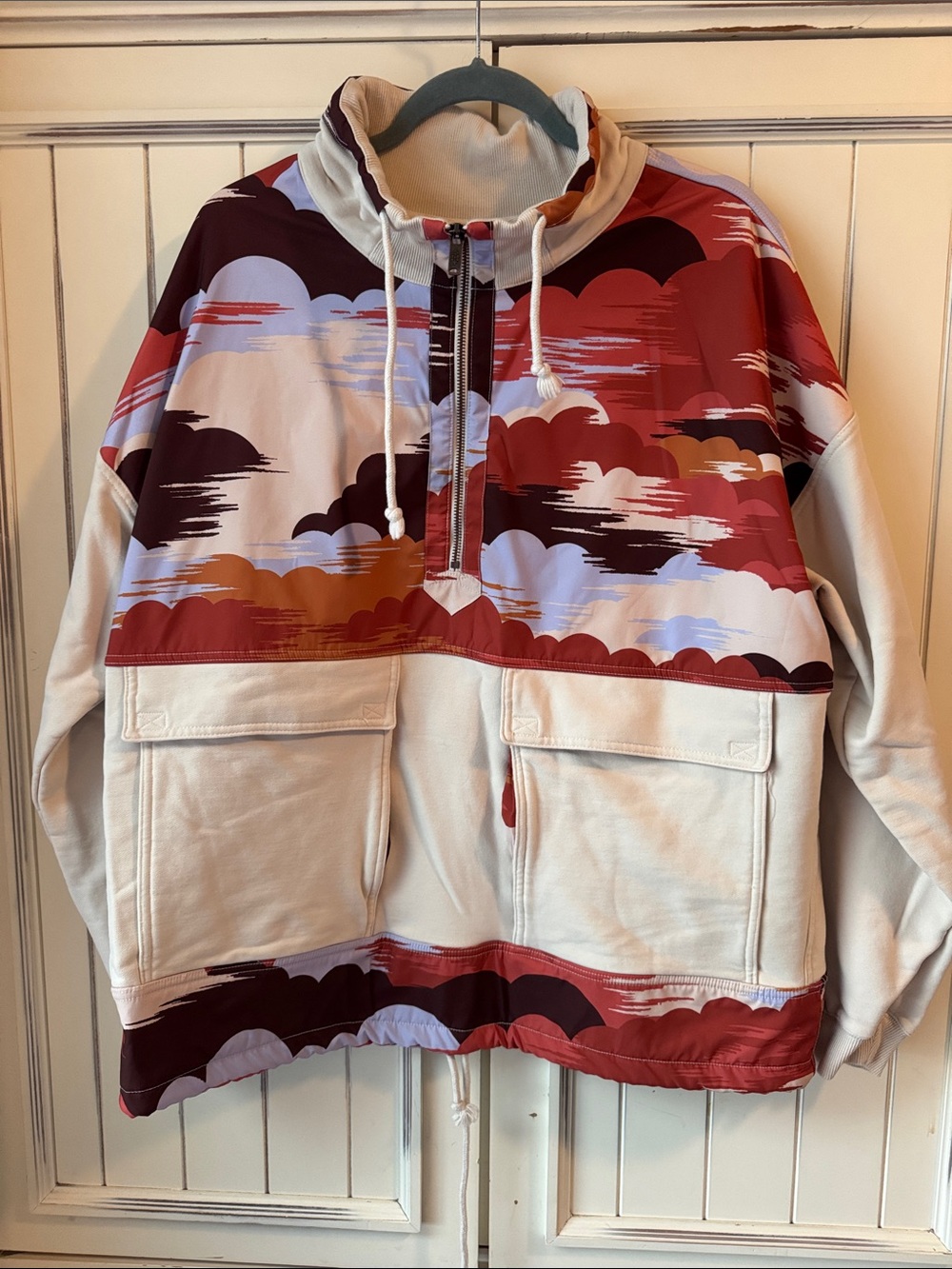 FP Movement by Free People Cream Half‑Zip Sweat with Red and Maroon Cloud Print